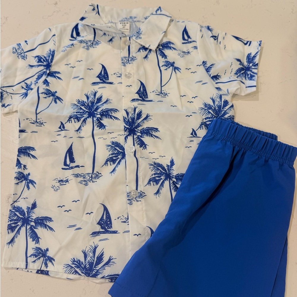 SHEIN White & Blue Palm Tree Print Kids Matching Set